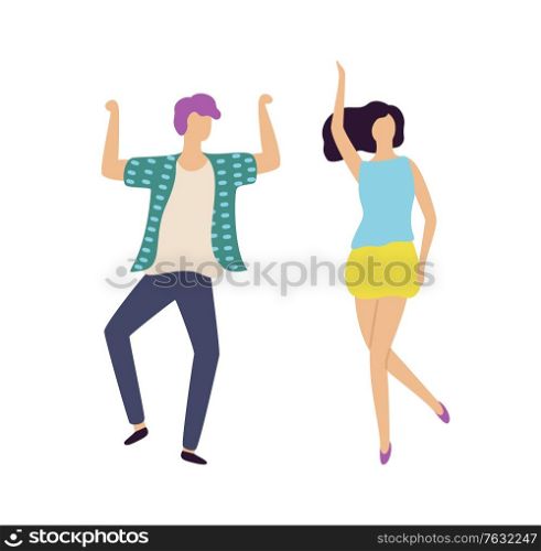 Man and woman characters dancing with rising hands, portrait and full length view of dancers moving together, male and female in casual clothes vector. Male and Female Dancing Together, Dancer Vector