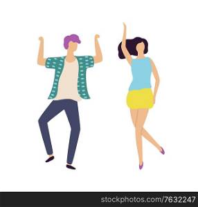 Man and woman characters dancing with rising hands, portrait and full length view of dancers moving together, male and female in casual clothes vector. Male and Female Dancing Together, Dancer Vector