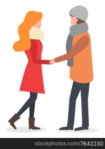 Man and woman characters holding hands, people walking in winter season. Romantic day of male and female in warm clothes standing together. Side view of boyfriend and girlfriend in scarf flat vector. Couple Holding Hands in Winter Time, Vector Love