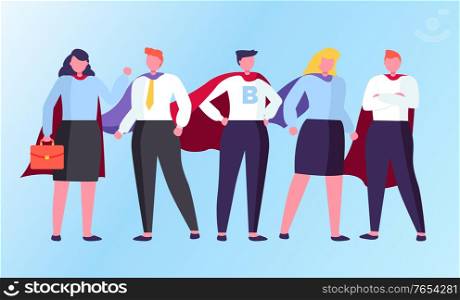 Man and woman characters standing in superhero coats. Businessman and businesswoman comic people in cloak together isolated on blue. Teamwork success of superhuman male and female in suit vector. Superheroes Standing in Cloak Together Vector