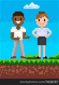 Man and woman characters standing outdoor, superheroes cooperation, adventure pixel game, people standing on grass, cloudy sky, team portrait view vector. Superheroes Standing Outdoor, Adventure Vector