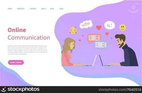 Man and woman characters using laptop for dating online, meeting app in wireless device, side view of couple, chat icons, modern web flirt vector. Website or webpage template, landing page flat style. Dating Online, Man and Woman Using Laptop Vector