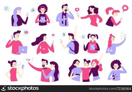 Man and woman characters using smartphone. Gadget addiction concept. Young people chatting, listening to music, talking on mobile phone, taking selfie photo and using social media sites vector set. Man and woman characters using smartphone. Gadget addiction concept. Young people chatting, listening to music