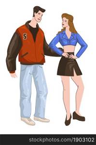 Man and woman characters wearing traditional outfits of 1990s. Isolated couple, female in mini skirt and top, male in school uniform or jumper. Fashion and trends of 90s. Vector in flat style. Couple from 90s, man and woman wearing outfits