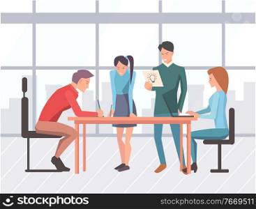 Man and woman characters working with laptop, writing idea. Teamwork success, business collaboration, colleagues conference at desktop, strategy vector. Colleagues Creative Idea, Business Success Vector