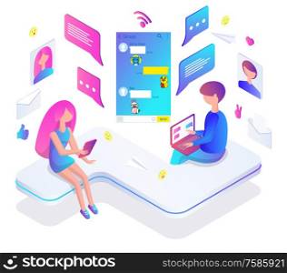 Man and woman chatting in Korean messenger Kakao talk from smartphone and laptop vector. Texting and stickers or emoji exchange, online app service. Korean Messenger Kakao talk Man and Woman Chatting