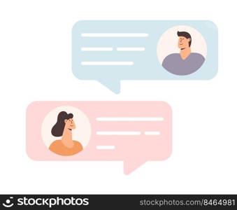 Man and woman chatting. Vector illustration in flat people design with speech bubbles and place for text. Could be used for blogs, social media, advertising, web design.. Man and woman chatting. Vector illustration in flat people design with speech bubbles and place for text. Could be used for blogs, social media, advertising, web design