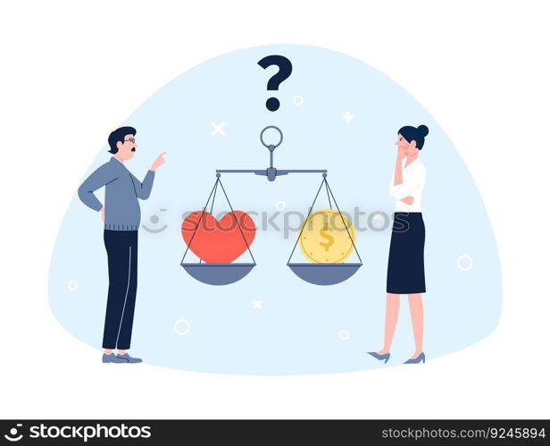 Man and woman choose between love and money. Business woman thinking, red heart and golden coin on scales. Vector complex choice concept. Illustration of choosing finance or love. Man and woman choose between love and money. Business woman thinking, red heart and golden coin on scales. Vector complex choice concept