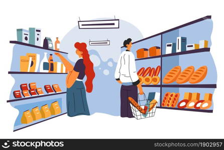 Man and woman choosing food in supermarket, male and female characters looking at freshly baked bread and buns. People shopping and buying organic products in hypermarket. Vector in flat style. People shopping in bakery department supermarket