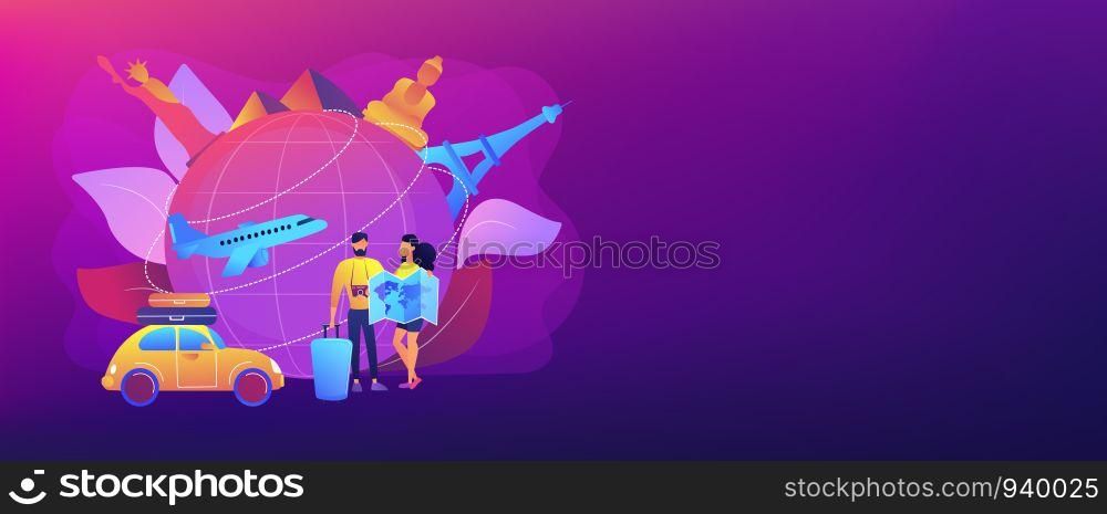 Man and woman choosing travel destination, going on holiday vacation. Global travelling, trip around the world, international tourism concept. Header or footer banner template with copy space.. Global travelling concept banner header.