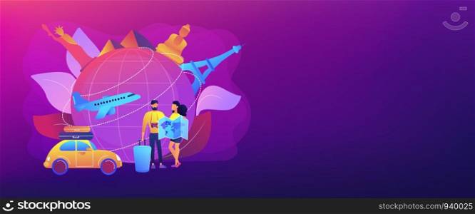 Man and woman choosing travel destination, going on holiday vacation. Global travelling, trip around the world, international tourism concept. Header or footer banner template with copy space.. Global travelling concept banner header.