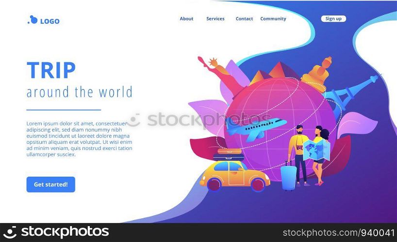 Man and woman choosing travel destination, going on holiday vacation. Global travelling, trip around the world, international tourism concept. Website homepage landing web page template.. Global travelling concept landing page.