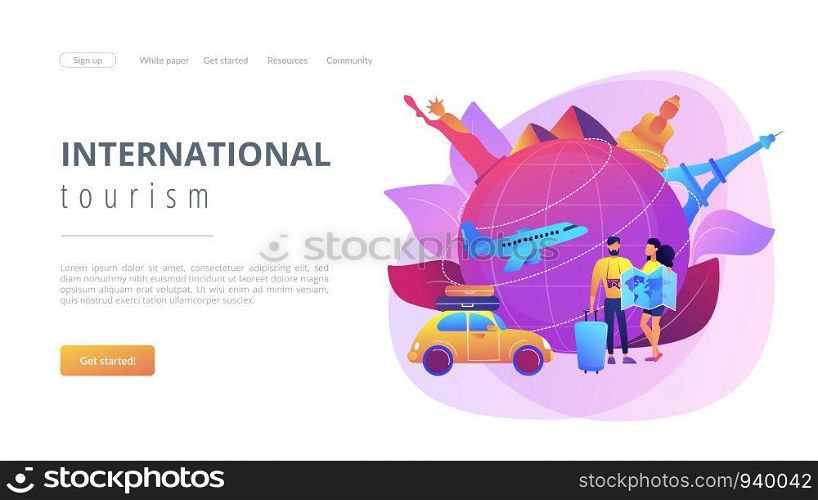 Man and woman choosing travel destination, going on holiday vacation. Global travelling, trip around the world, international tourism concept. Website homepage landing web page template.. Global travelling concept landing page.