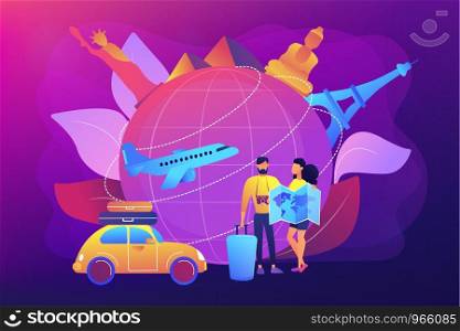 Man and woman choosing travel destination, going on holiday vacation. Global travelling, trip around the world, international tourism concept. Bright vibrant violet vector isolated illustration