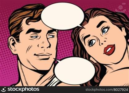 Man and woman close-up face communication pop art retro vector. Love between the sexes.. Man and woman close-up face communication