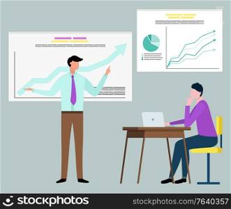 Man and woman collaboration, manager standing near board with growth graph, woman using laptop. Teamwork strategy, professional and success vector. Teamwork Strategy, Rising Graph, Marketing Vector