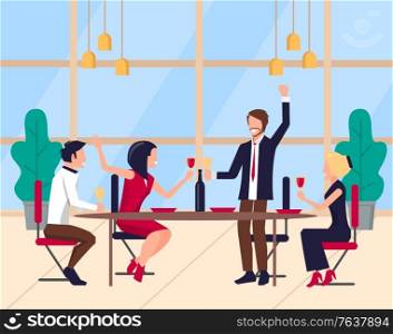 Man and woman colleagues celebrating success, corporate party in office. Worker saying toast, group of people drinking, company leadership vector. Corporate Party, Workers Celebrating, Team Vector