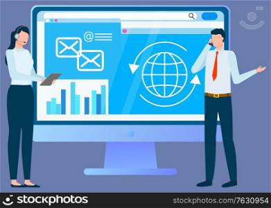 Man and woman colleagues communication with tablet and phone, monitor of pc with globe and mail sign. International business, workers corporate. Vector illustration in flat cartoon style. Wireless Device, International Business Vector