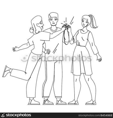 Man And Woman Colleagues Together Work Vector. Boy And Girl Co-workers Together Work In Company, Successful Goal Achievement And Teamwork. Characters Team black line illustration. Man And Woman Colleagues Together Work Vector