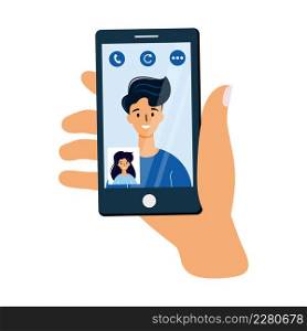 Man and woman communicate by video link. Smartphone in hand.