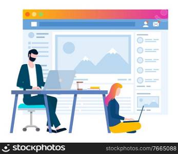 Man and woman communicating with webpage in laptop. People using pc wireless device and social media website. Interface of social-network app and male and female with computer at desktop vector. People Using Social Media Marketing in Pc Vector