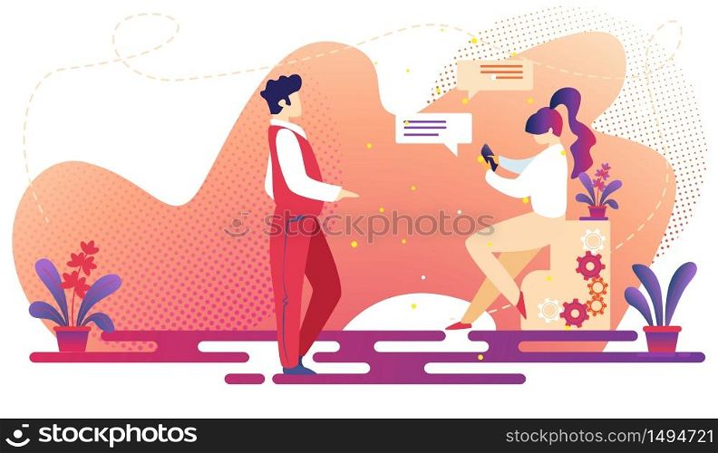 Man and Woman Communicating. Young Girl with Smartphone in Hands Sit on Cogwheels Chatting in Internet with Friend. Handsome Guy Stand near. Relationship, Friendship. Cartoon Flat Vector Illustration. Man and Woman Communicating. People Relationship