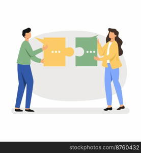 Man and woman connect two puzzles. Employees of  company. Compatibility, relationships and friendship.
