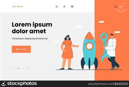 Man and woman constructing rocket with tool. Flat vector illustration. Girl standing near space vehicle and man holding dog hook. Space transport, design, technology concept for banner design