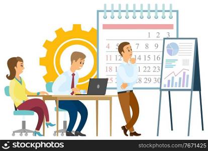 Man and woman consulting, people brainstorming, calendar and growth graph icon. Worker communication with laptop, professional development vector. Workers Brainstorming, Calendar and Graph Vector