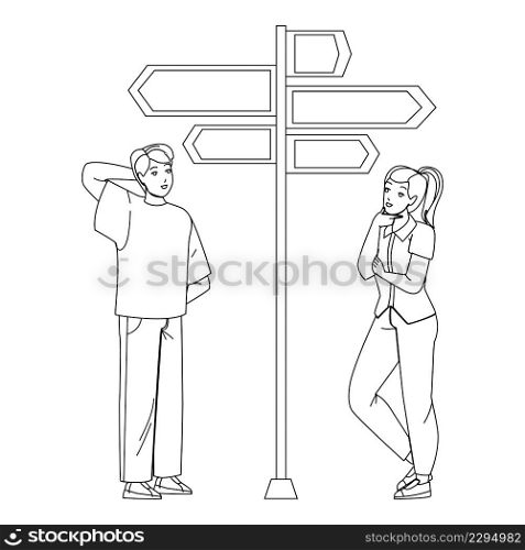 Man And Woman Couple Choosing Direction Black Line Pencil Drawing Vector. Thoughtful Boy And Girl Looking At Directional Signpost Arrows And Choose Direction. Characters Search Way Route Illustration. Man And Woman Couple Choosing Direction Vector