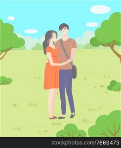 Man and woman, couple holding hands or hugging and walking in park vector. Girl and guy, boyfriend and girlfriend, date on nature, romance and dating. Date on Nature, Man and Woman Hugging in Park