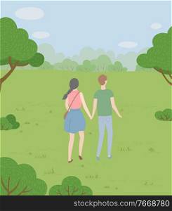 Man and woman, couple in love holding hands and walking in park vector. Characters standing back, date on nature, girl and guy, boyfriend and girlfriend. Couple in Love Holding Hands and Walking in Park