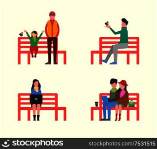 Man and woman, couple sitting on wooden bench vector. Child small girl with father and bird, female freelance worker working on laptop typing info.. Man and Woman, Couple Sitting on Wooden Bench