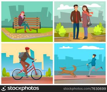Man and woman couple walking in park. Male riding bicycle wearing helmet for protection. Relaxed girl talking on phone sitting on bench in town. Man run with peet dog on city street. Vector in flat. People in Park, Autumn Season Walks of Couple