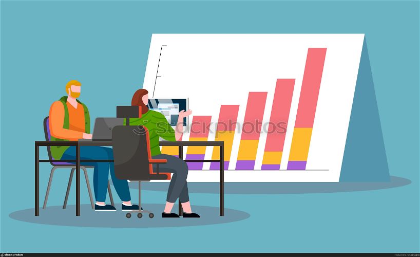 Man and woman, coworkers sitting by table and working on laptops. Statistics chart, financial report that represents growth of business. Analytics graph on big board. Vector illustration in flat style. People Work on Laptops, Statistics Chart on Board