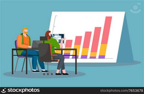 Man and woman, coworkers sitting by table and working on laptops. Statistics chart, financial report that represents growth of business. Analytics graph on big board. Vector illustration in flat style. People Work on Laptops, Statistics Chart on Board