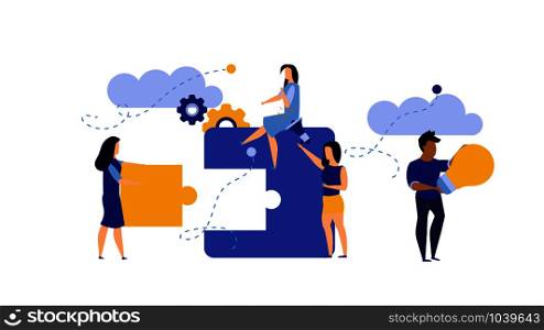 Man and woman create business puzzle vector concept illustration work. Concept piece idea teamwork jigsaw design. Solution cooperation challenge connect. Banner solve goal office strategy