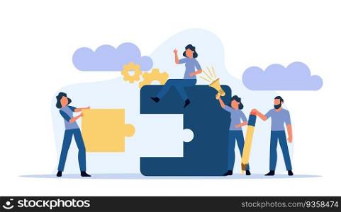 Man and woman create business puzzle vector concept illustration work. Concept piece idea teamwork jigsaw design. Solution cooperation challenge connect. Banner solve goal office strategy