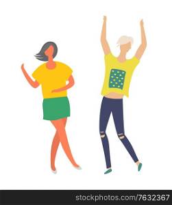 Man and woman dancers at disco club, happy people in dance isolated on white, cartoon style. Vector girlfriend and boyfriend in yellow t-shirts, casual cloth. Man and Woman Dancers at Disco Club, Happy People