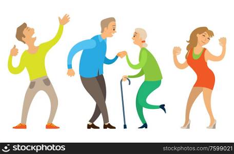 Man and woman dancing in nightclub vector, old male and female with stick, elderly people and young characters having fun at disco party flat style. Dancing Old Couple, Young and Senior People Vector