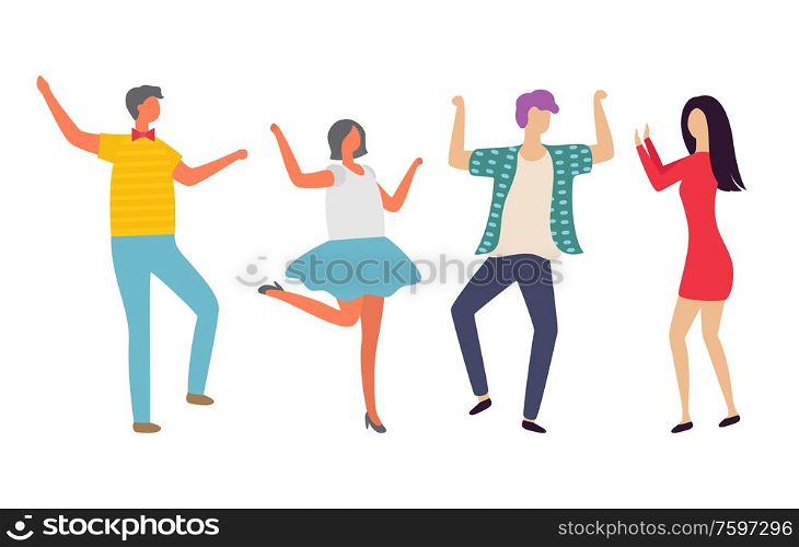 Man and woman dancing in pair, people moving together, holding each other, female rising hands, character on dance floor, full length view of dancer vector. Dancers Moving in Pair, Couple Dancing Vector