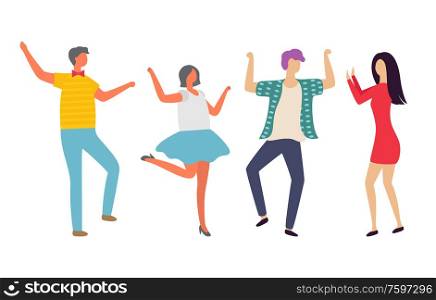 Man and woman dancing in pair, people moving together, holding each other, female rising hands, character on dance floor, full length view of dancer vector. Dancers Moving in Pair, Couple Dancing Vector
