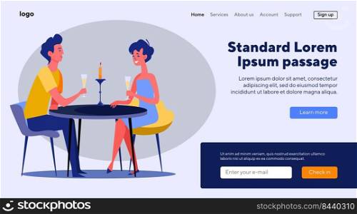 Man and woman dating in restaurant. Young couple drinking alcohol in cafe flat vector illustration. Date, romantic evening, concept for banner, website design or landing web page