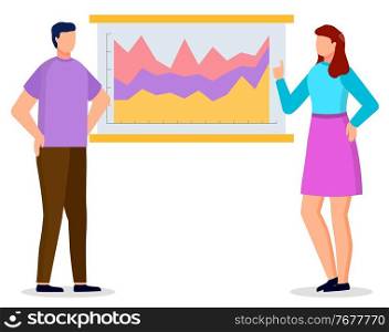 Man and woman discussing and learning business graph on board. Male and female presenting or educating chart report. Teamwork communication with statistic icon and professional e-learning vector. Teamwork Educating of Business Graph Report Vector