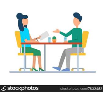 Man and woman discussing job, people sitting at table, cups and plant. Teamwork strategy, colleagues side view cooperation together, workplace. Vector illustration in flat cartoon style. Discussing People, Workplace and Teamwork Vector