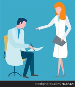 Man and woman discussing patients health, isolated doc and nurse. Doctor writing list of medication and course of treatment, lady with analysis. Vector illustration in flat cartoon style. Medical Workers on Meeting Doc and Nurse Characters