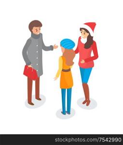 Man and woman discussing topic outdoors winter season vector. People friends wearing warm clothes, woman with Santa Claus hat on head, talking person. Man and Woman Discussing Topic Outdoors Winter