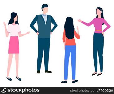 Man and woman discussing work strategy, full length view of standing employees characters. Business collaboration, workers communicate, partnership vector. Business Collaboration, Workers Discussion Vector