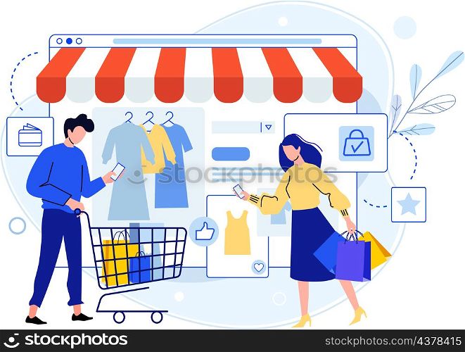 Man and woman do online shopping using smartphone. Vector purchase use smartphone, electronic e-commerce, buy in screen store app illustration. Man and woman do online shopping using smartphone