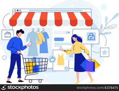 Man and woman do online shopping using smartphone. Vector purchase use smartphone, electronic e-commerce, buy in screen store app illustration. Man and woman do online shopping using smartphone